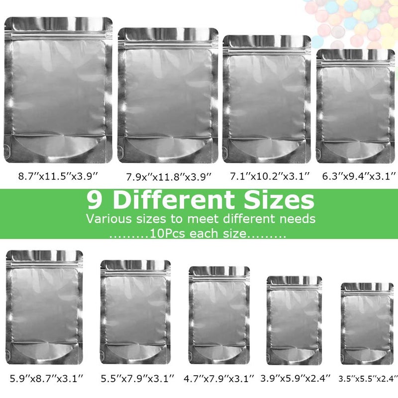 REKOBON Mylar Bags, 90 Pack 9 Sizes 7mil Mylar Bags for Food Storage, Resealable mylar ziplock bags, Stand Up Pouch Bags, Clear Front with Aluminum Foil Back, Zipper Bags with Gusset Bottom for Multipurpose - Image 2